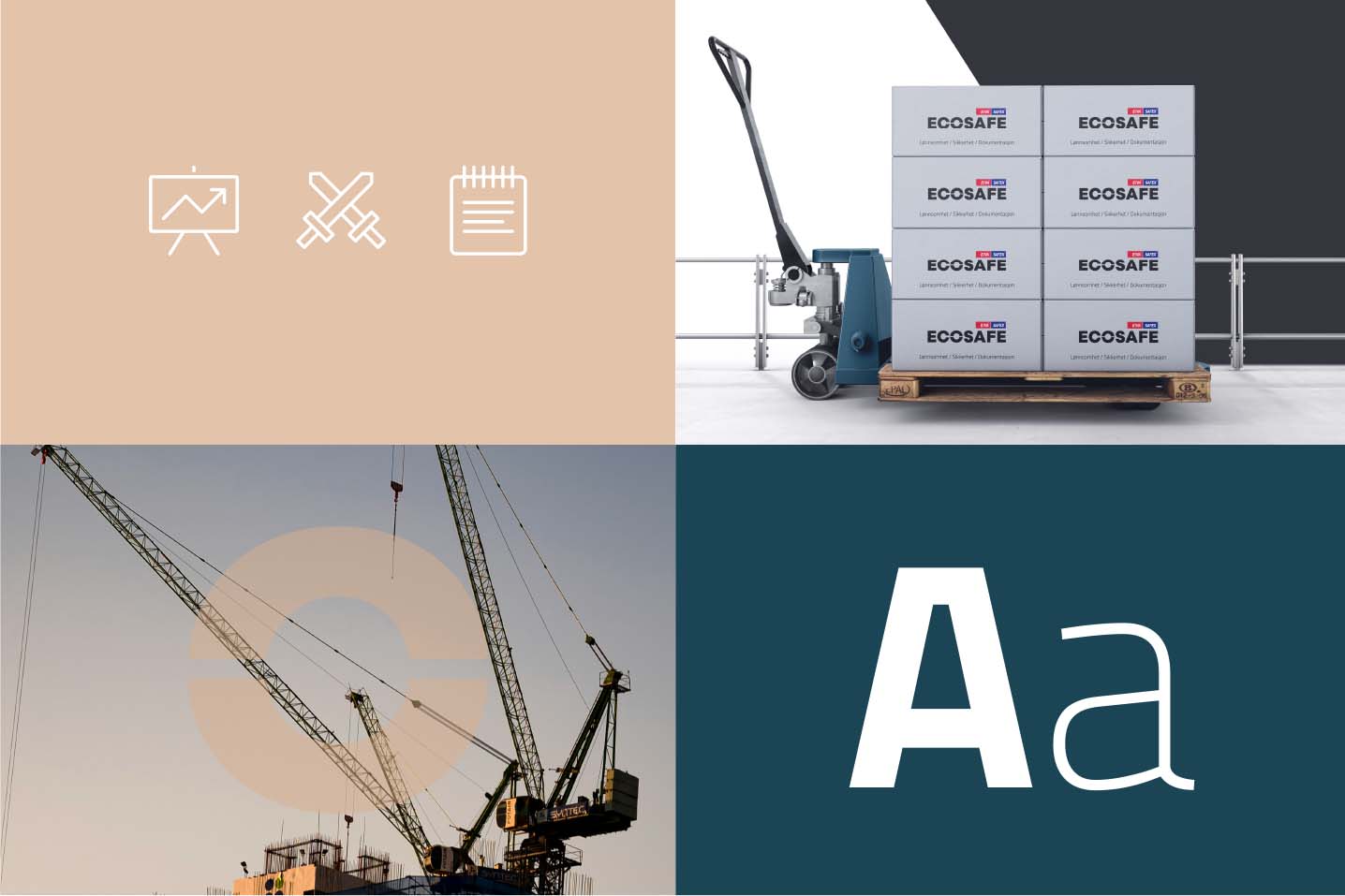 Firedelt bilde med grafiske ikoner oppe til venstre, illustrasjon av en gaffeltruck lastet med ECOSAFE-kasser oppe til høyre, et foto med heisekran nede til venstre og identitetstypografi nede til høyre.