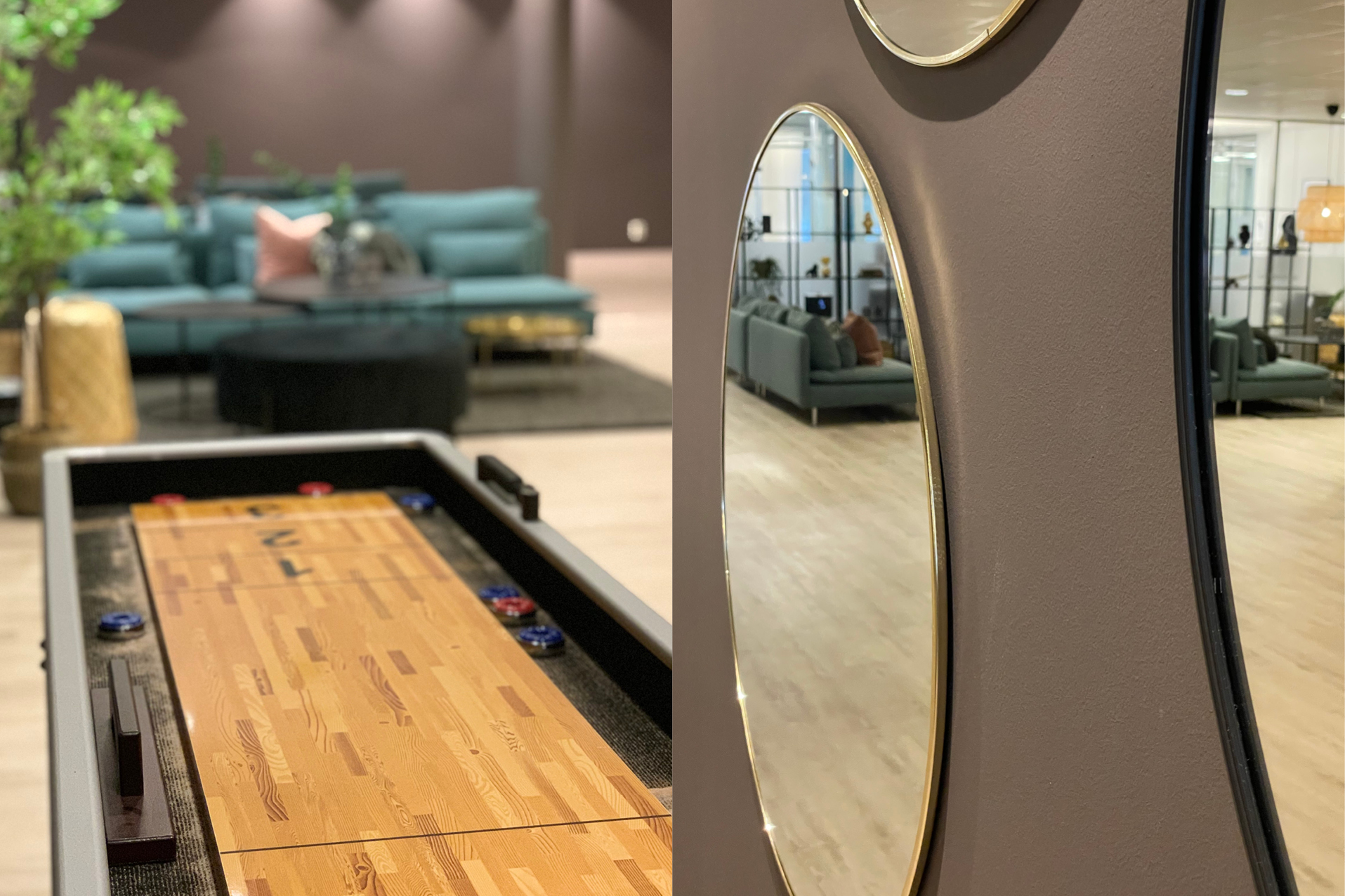 To bilder i ett. Shuffleboard med sofaer i bakgrunn. Speil på veggen med sofagruppe i refleksjonen.