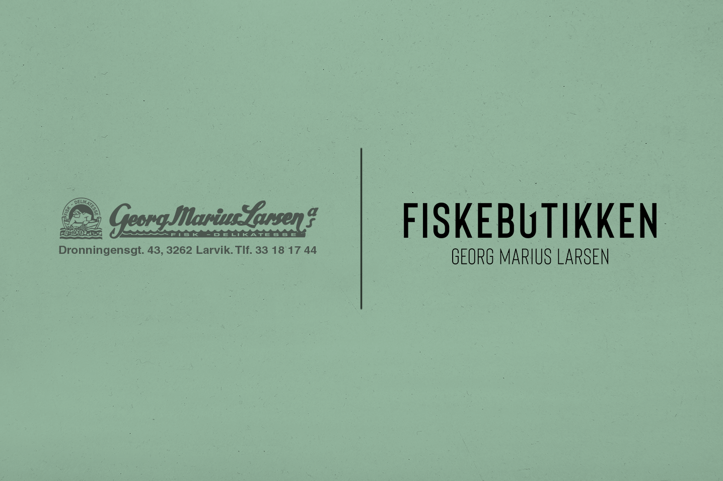 Fiskebutikken identitetsdesign: logo (før og etter) på grønn bakgrunn