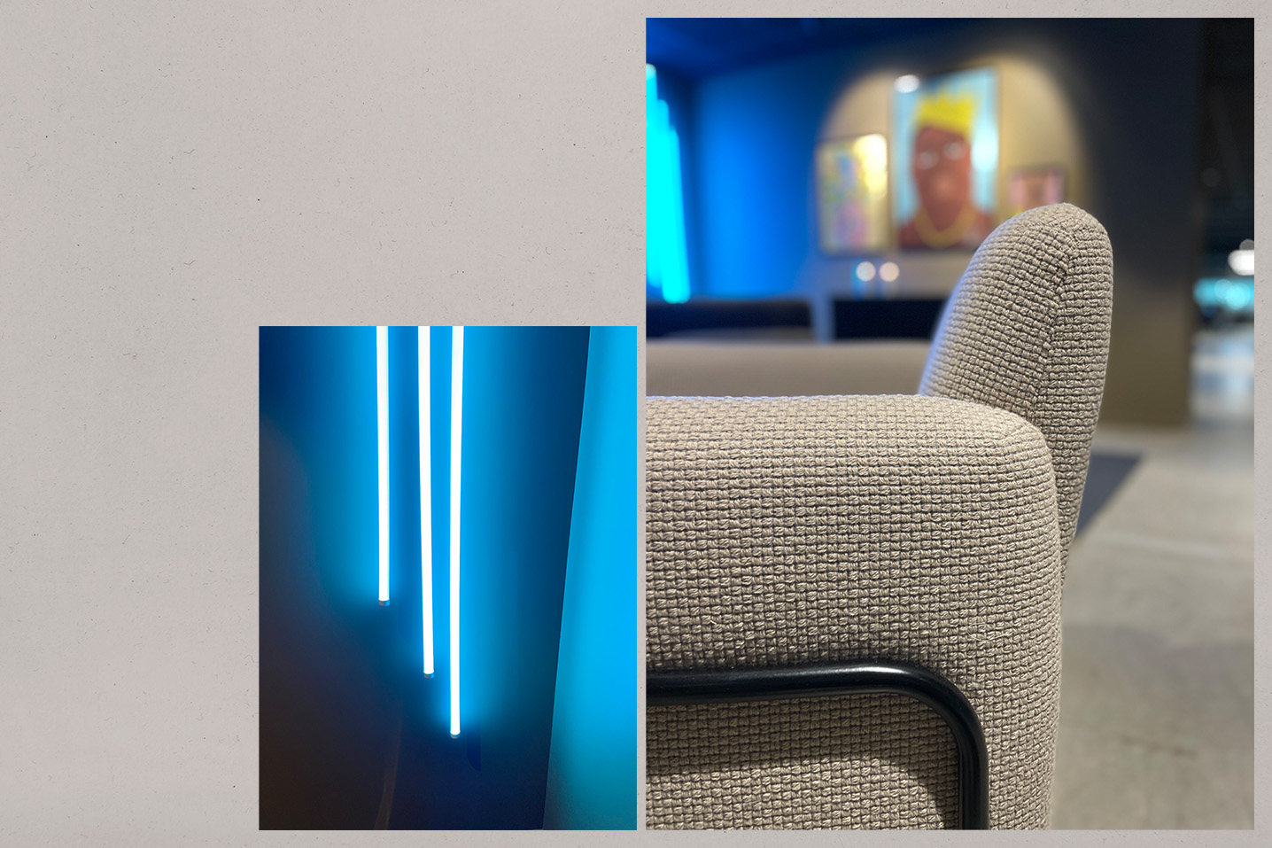 Detaljbilde av stol i lys beige farge med industrielt preg. I bakgrunnen er det dekorbelysniing i neonblått og moderne kunst.