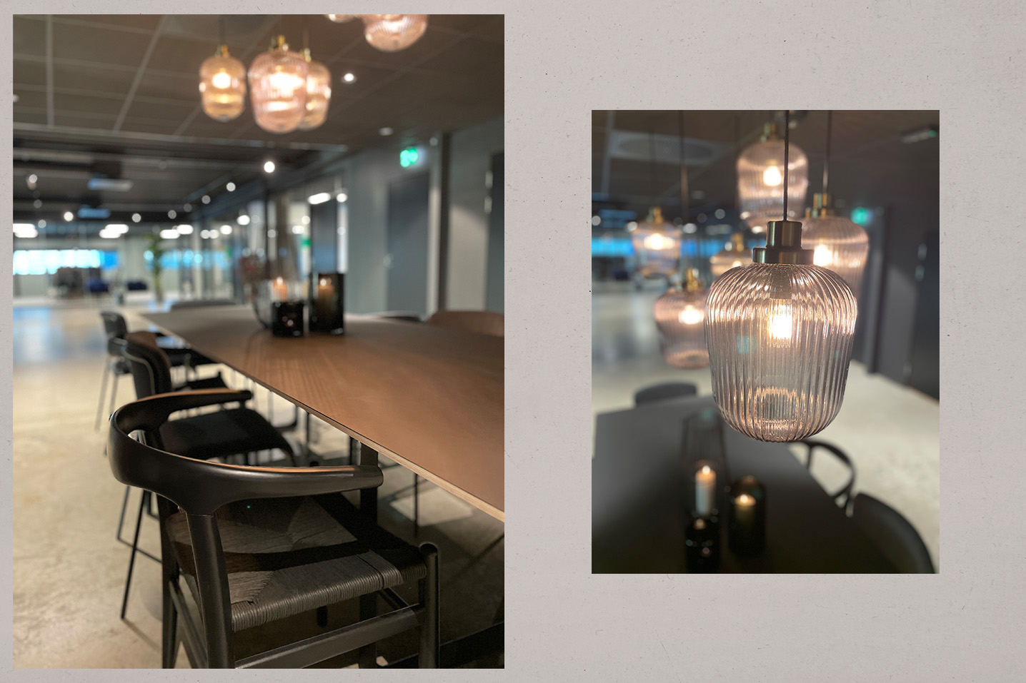 Lounge og sosiale soner: Spisesone med stort sort langbord med ulike moderne stoler rundt. Seks lamper i glass henger over.