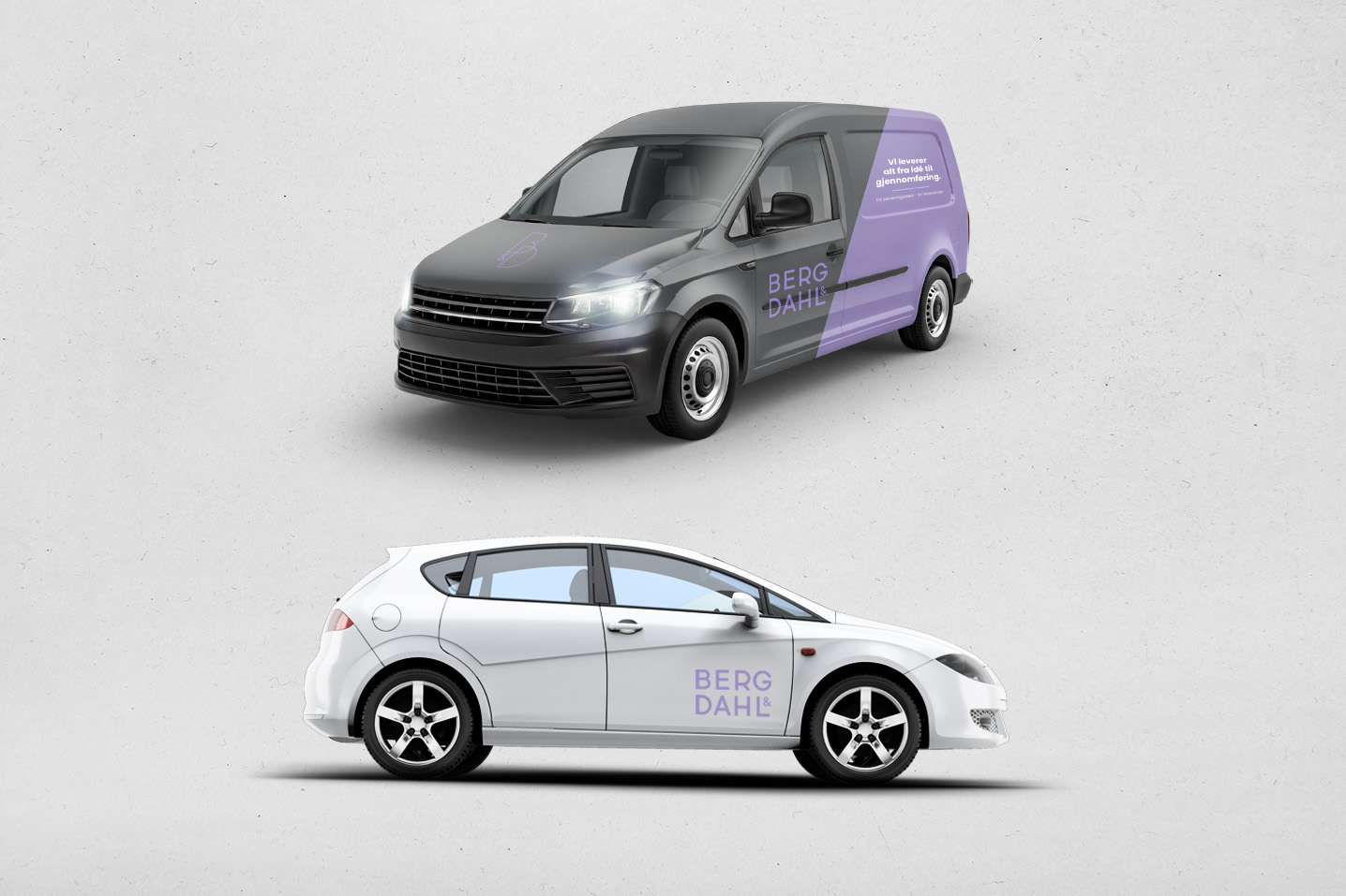 Sort varebil med lilla bildekor og Berg og Dahls nye logo. Hvit bil med lilla logo.