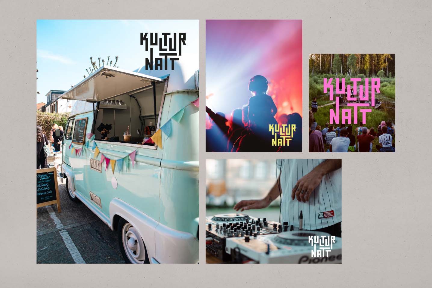 Fire ulike bilder med logoen på. Bildene viser (fra venstre) en foodtruck, en konsert, en DJ ved miksebord og en utendørskonsert.