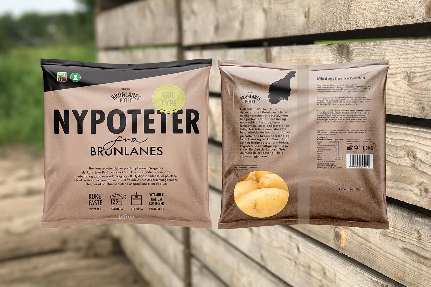 Pakningsdesign av Nordic State. Pose med nypoteter fra Brunlanespotet. Posen har pakningsdesign i brunt og sort. Historiefortelling om dyrking av nypoteter, samt tilberedelsesbeskrivelse på framsiden av posen. Baksiden viser kartutsnitt med Brunlanes merket, ytterligere historiefortelling og middagstips. Bakgrunnen viser et bilde av potetkasser.